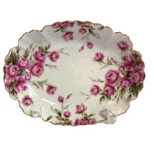 LEFTON Oval Scalloped Trinket Jewelry Dish Bowl Pink Roses Gold Trim Vintage